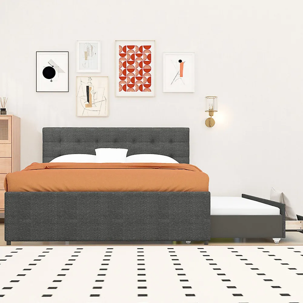 Lit adulte lit 140x200 cm lit rembourré avec trois tiroirs lit double lin gris>Gutent Outlet