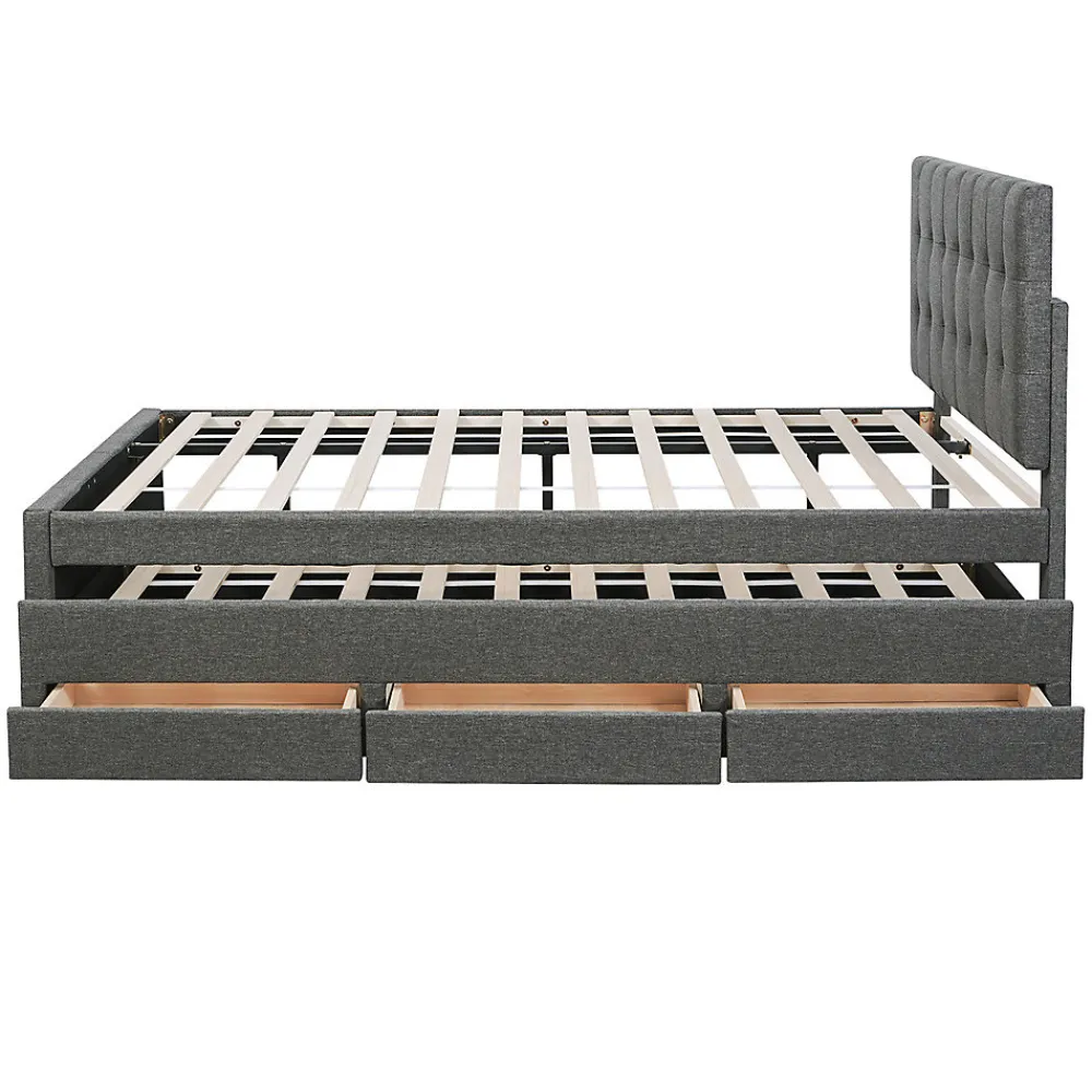 Lit adulte lit 140x200 cm lit rembourré avec trois tiroirs lit double lin gris>Gutent Outlet