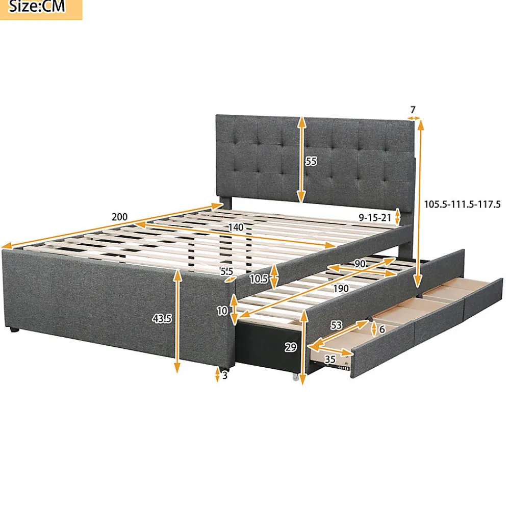 Lit adulte lit 140x200 cm lit rembourré avec trois tiroirs lit double lin gris>Gutent Outlet
