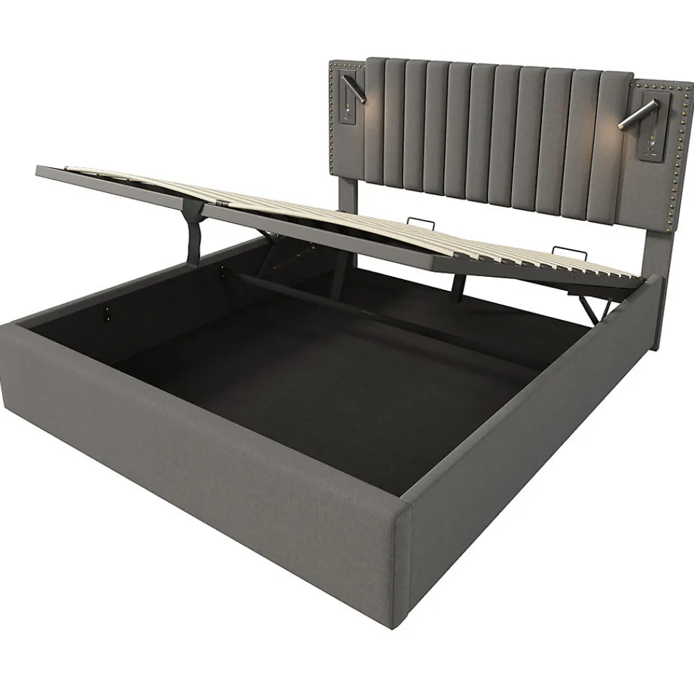 Lit adulte lit 140x200 cm lit rembourré lit de rangement avec sommier à lattes lit double coton gris>Gutent