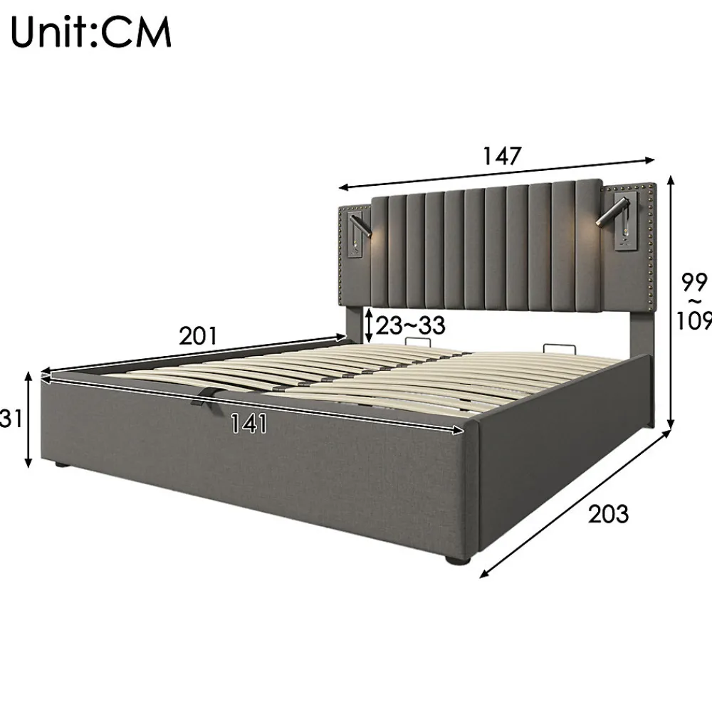 Lit adulte lit 140x200 cm lit rembourré lit de rangement avec sommier à lattes lit double coton gris>Gutent