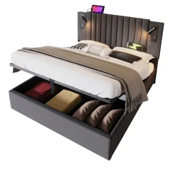 Lit adulte lit 140x200 cm lit rembourré lit de rangement avec sommier à lattes lit double coton gris><noscript><img width=