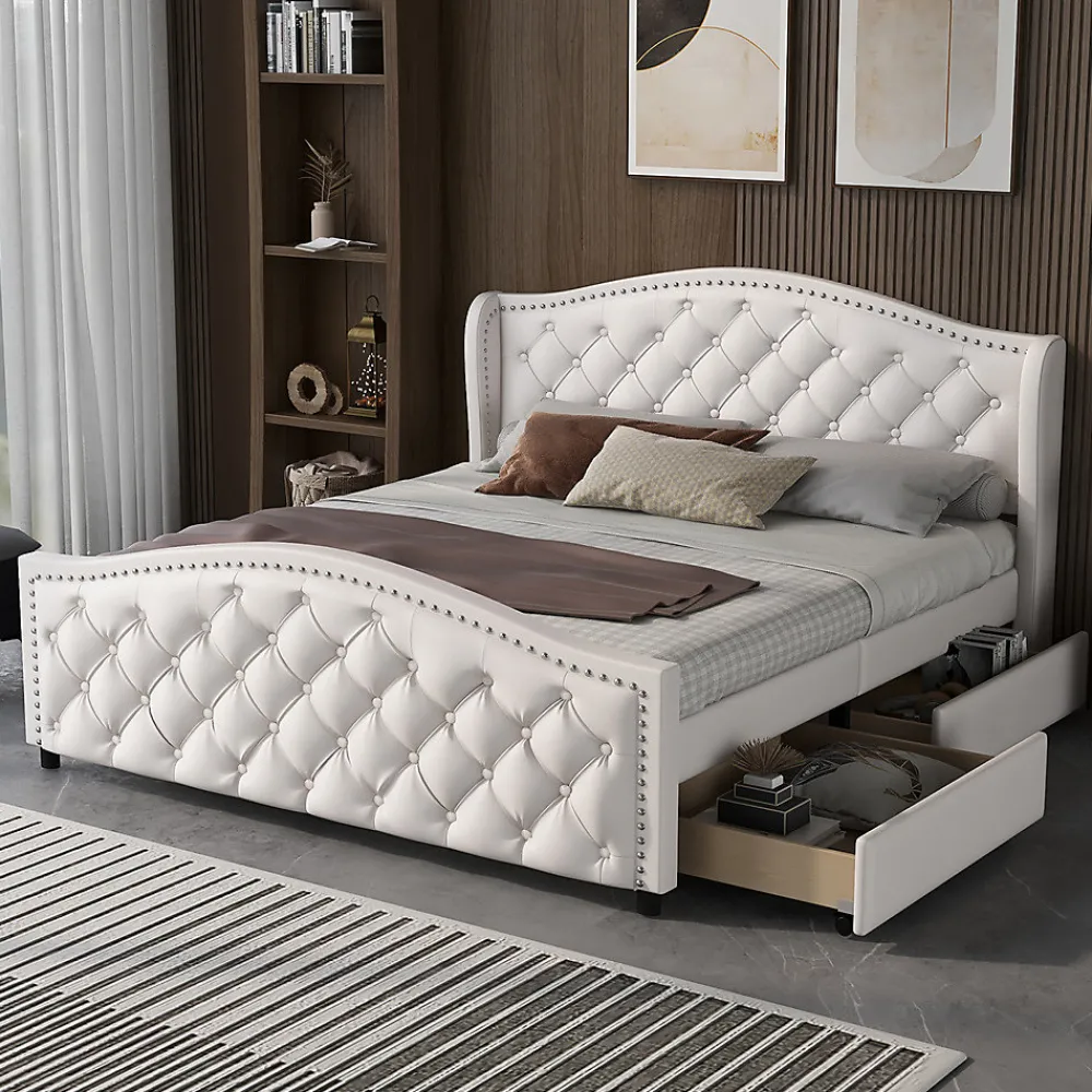 Lit adulte lit 140x200 cm lit rembourré avec sommier à lattes lit 2 tiroirs lit double pu blanc>Gutent