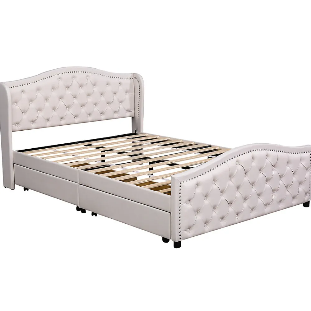 Lit adulte lit 140x200 cm lit rembourré avec sommier à lattes lit 2 tiroirs lit double pu blanc>Gutent