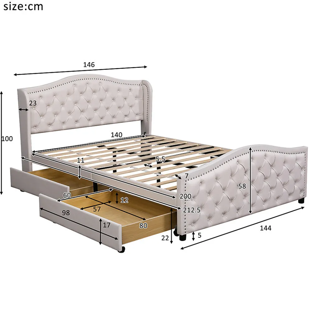 Lit adulte lit 140x200 cm lit rembourré avec sommier à lattes lit 2 tiroirs lit double pu blanc>Gutent