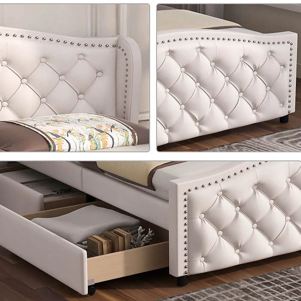 Lit adulte lit 140x200 cm lit rembourré avec sommier à lattes lit 2 tiroirs lit double pu blanc>Gutent