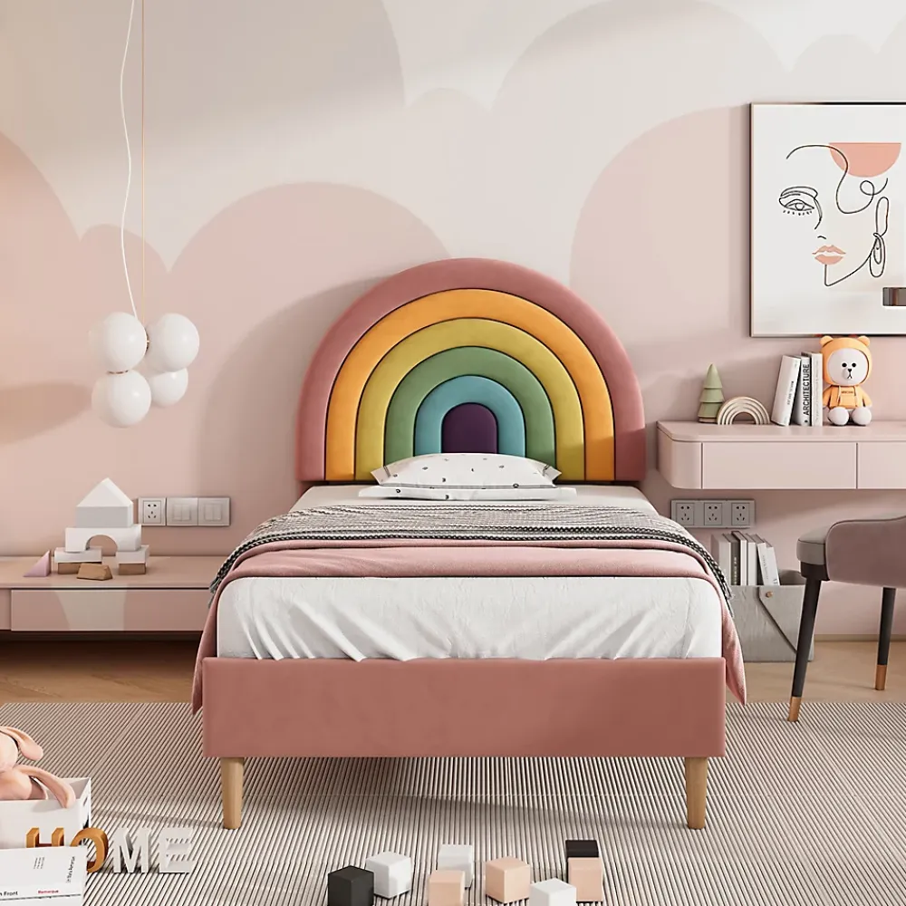 Gutent Lit adulte lit 90x200 cm lit rembourré avec sommier à lattes Single velours rose* Lit Simple