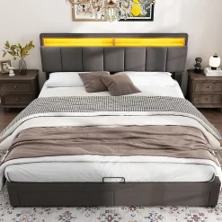 Gutent Lit adulte lit 160x200 cm lit rembourré hydraulique lit de rangement avec éclairage led lit double lin gris* Lit Avec Rangement