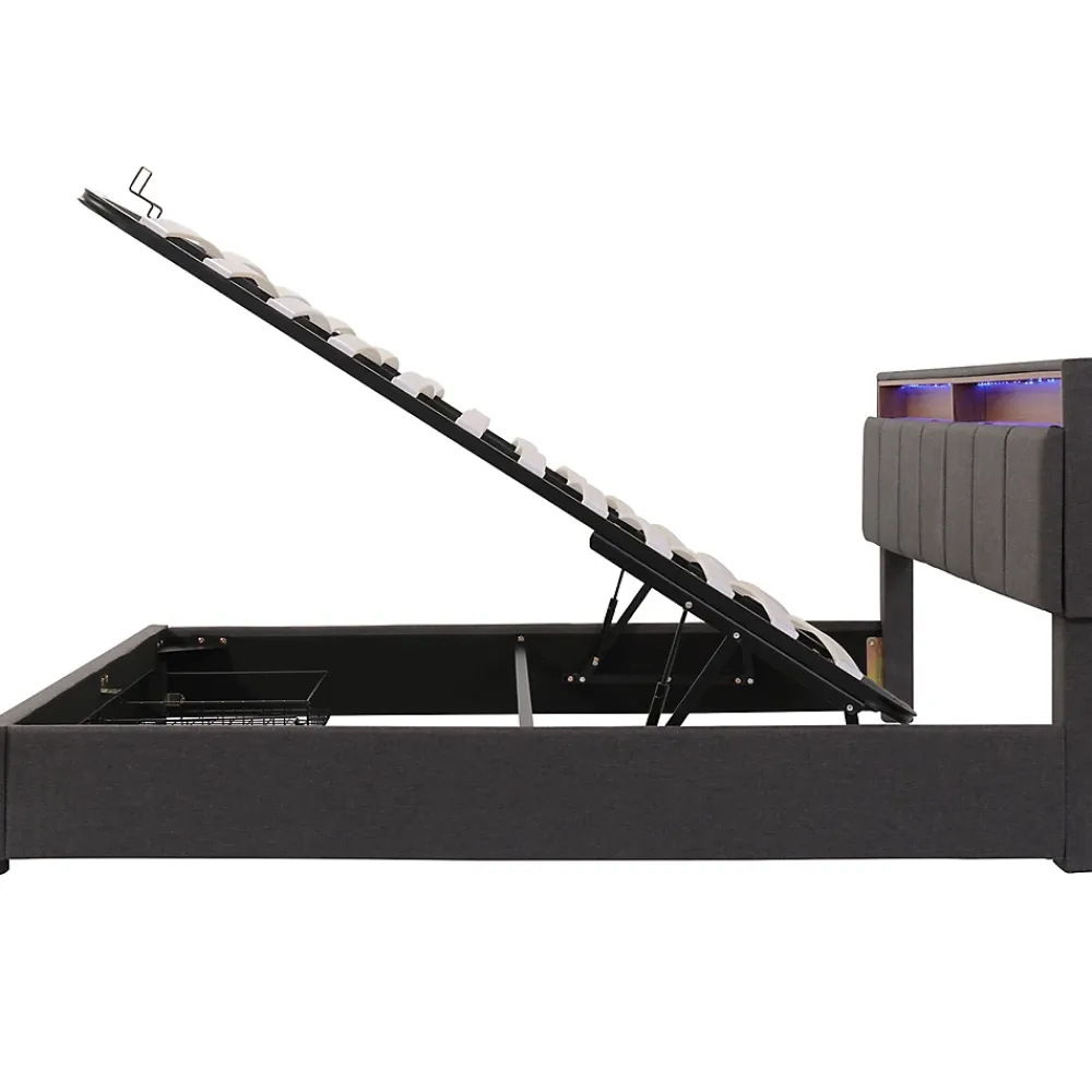 Gutent Lit adulte lit 160x200 cm lit rembourré hydraulique lit de rangement avec éclairage led lit double lin gris* Lit Avec Rangement