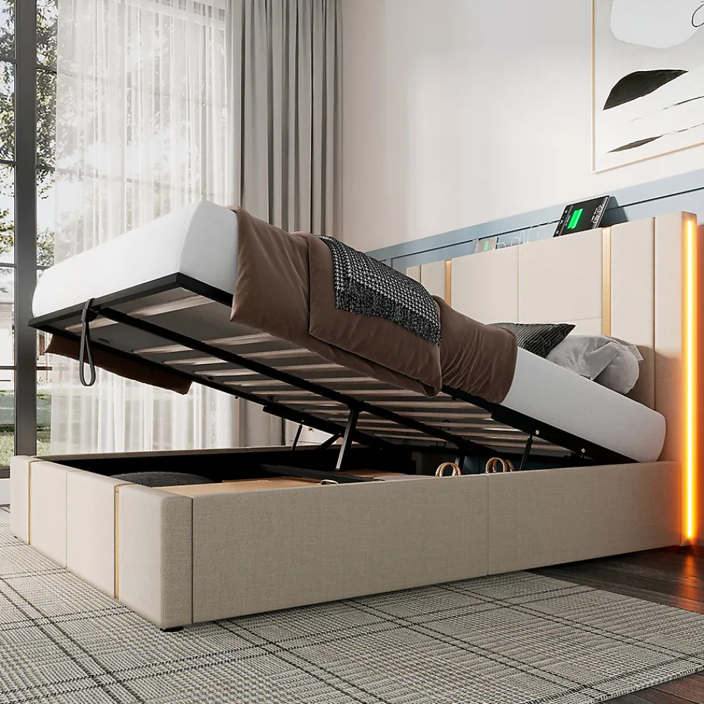Lit adulte lit 160x200 cm lit rembourré lit de rangement lit sommier à lattes en bois lit double lin beige>Gutent