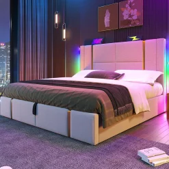 Lit adulte lit 160x200 cm lit rembourré lit de rangement lit sommier à lattes en bois lit double lin beige><noscript><img width=