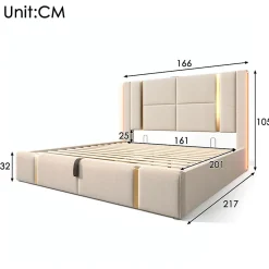 Lit adulte lit 160x200 cm lit rembourré lit de rangement lit sommier à lattes en bois lit double lin beige><noscript><img width=