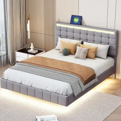 Lit adulte lit 140x200 cm lit rembourré avec lampes led lit double lin gris>Gutent Best