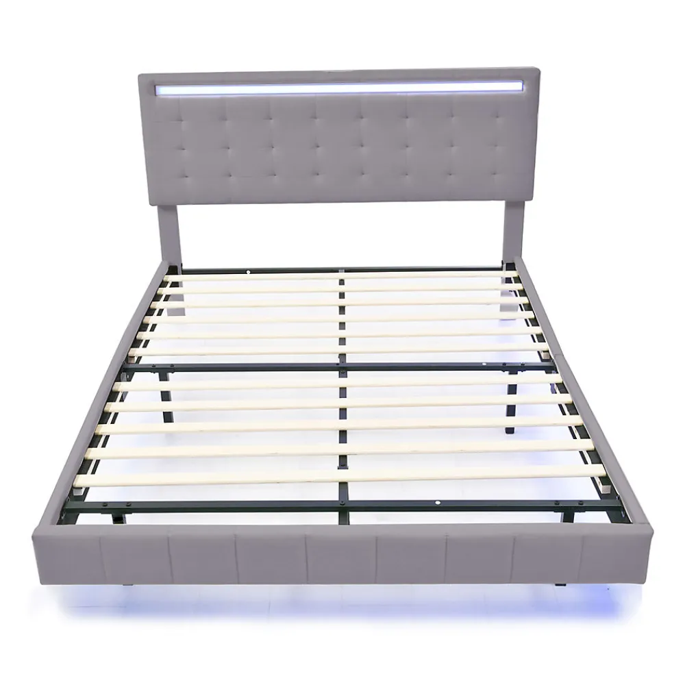 Lit adulte lit 140x200 cm lit rembourré avec lampes led lit double lin gris>Gutent Best