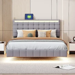 Lit adulte lit 140x200 cm lit rembourré avec lampes led lit double lin gris><noscript><img width=