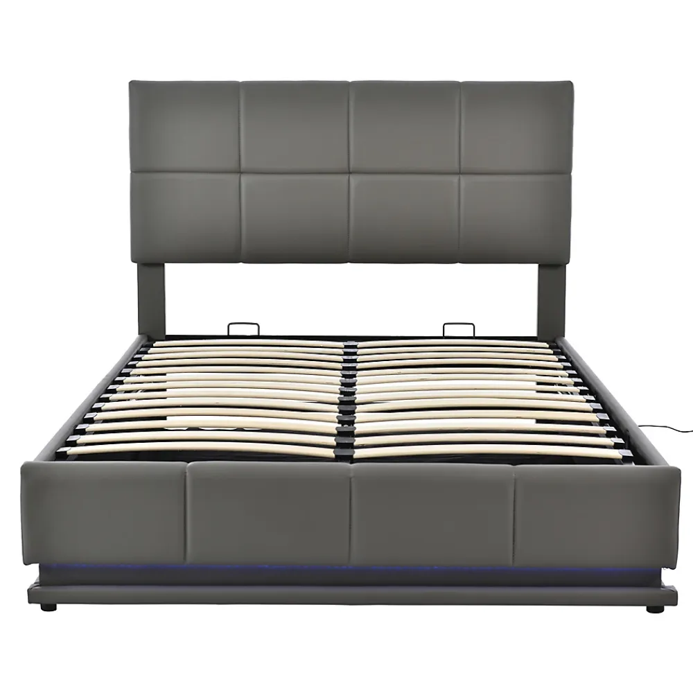 Gutent Lit adulte lit 140x200 cm lit rembourré hydraulique avec éclairage led lit double cuir synthétique gris foncé* Lit Double