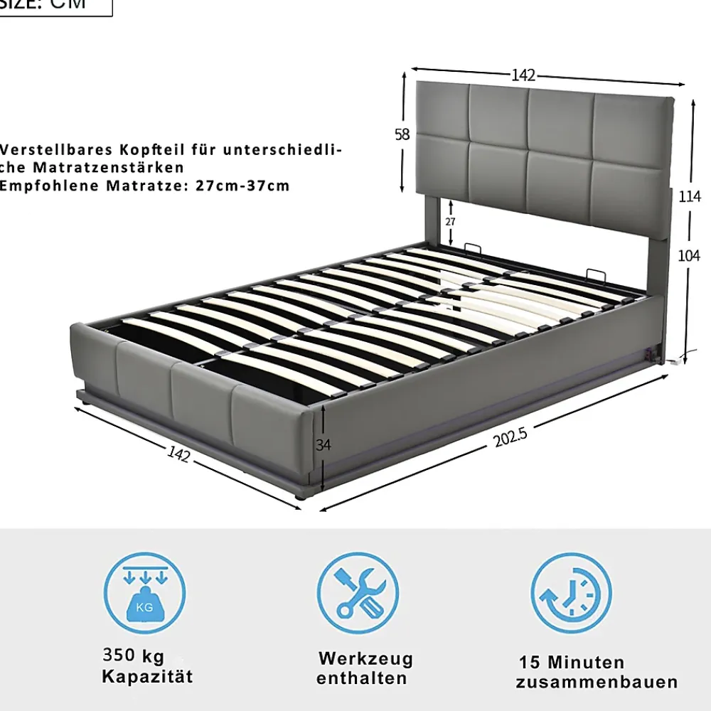 Gutent Lit adulte lit 140x200 cm lit rembourré hydraulique avec éclairage led lit double cuir synthétique gris foncé* Lit Double