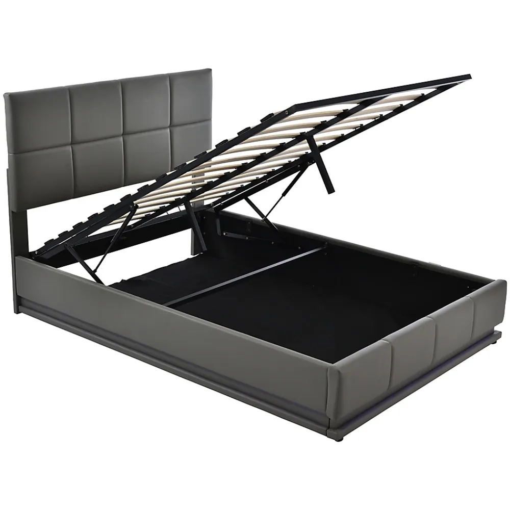Gutent Lit adulte lit 140x200 cm lit rembourré hydraulique avec éclairage led lit double cuir synthétique gris foncé* Lit Double