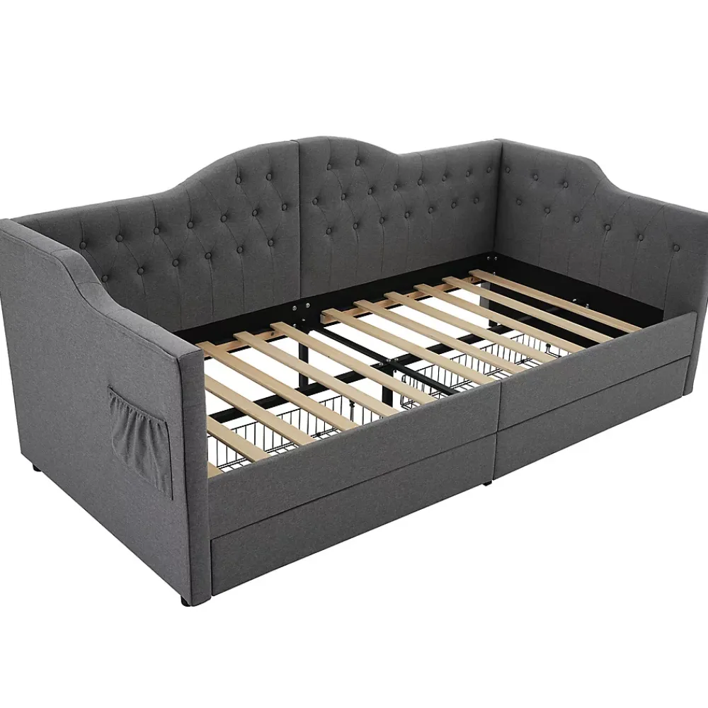 Gutent Lit adulte lit 90x190 cm lit rembourré avec 2 tiroirs Single lin gris* Lit Simple