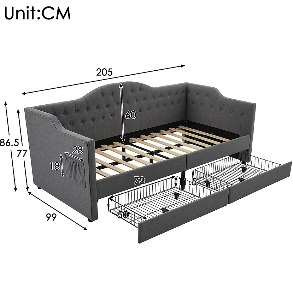 Gutent Lit adulte lit 90x190 cm lit rembourré avec 2 tiroirs Single lin gris* Lit Simple