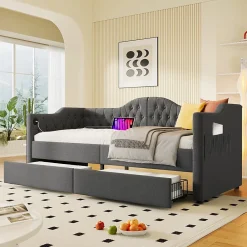 Gutent Lit adulte lit 90x190 cm lit rembourré avec 2 tiroirs Single lin gris* Lit Simple