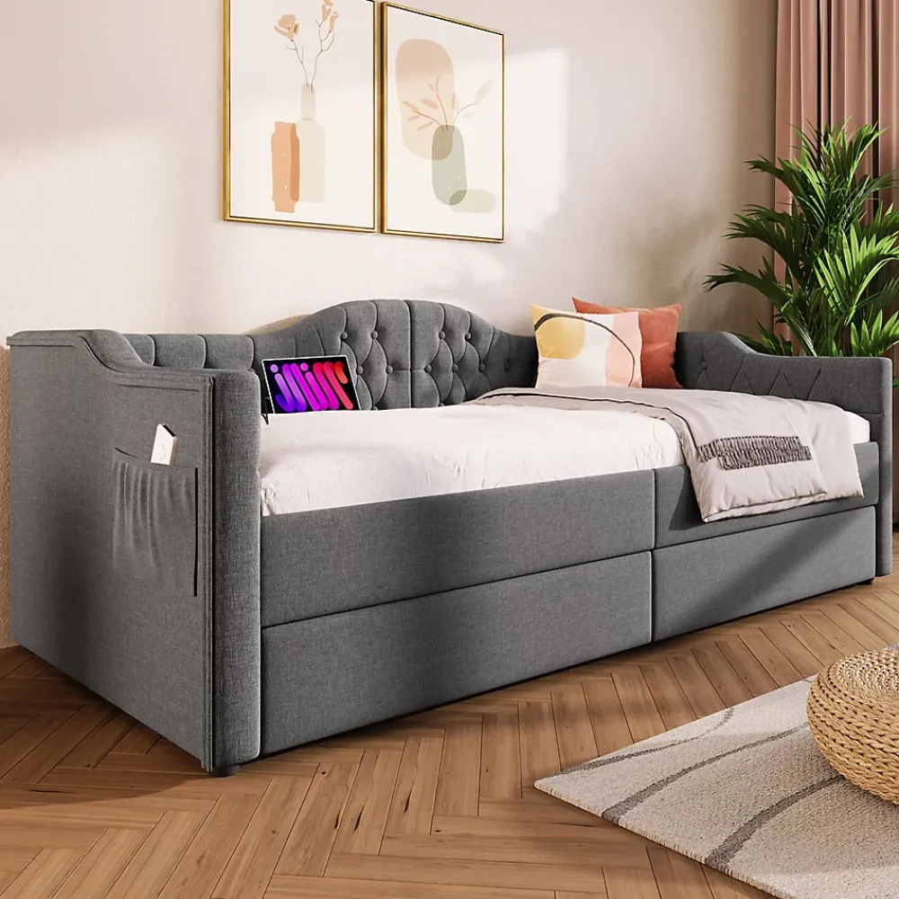 Gutent Lit adulte lit 90x190 cm lit rembourré avec 2 tiroirs Single lin gris* Lit Simple
