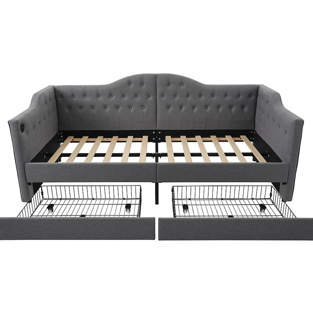 Gutent Lit adulte lit 90x190 cm lit rembourré avec 2 tiroirs Single lin gris* Lit Simple