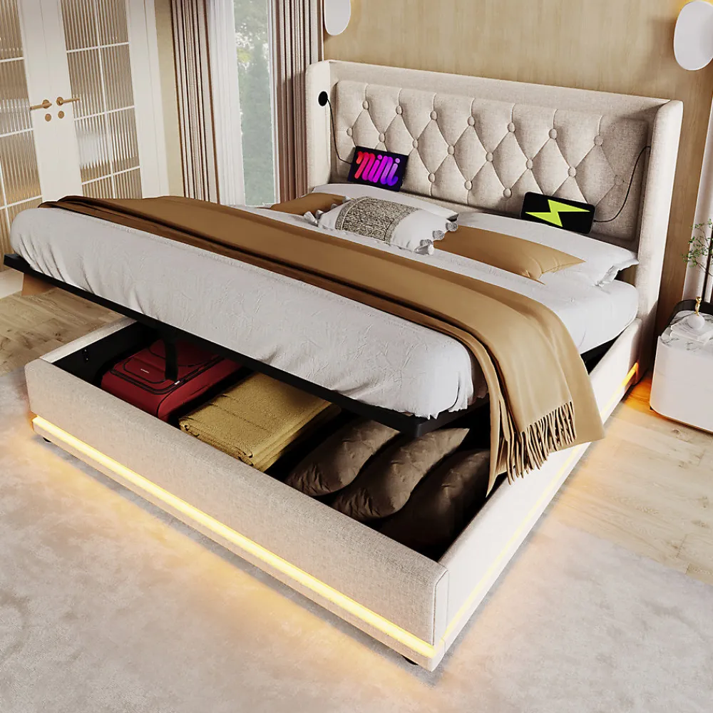 Lit adulte lit 140x200 cm lit rembourré hydraulique lit de rangement lit double coton beige>Gutent Online