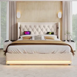 Lit adulte lit 140x200 cm lit rembourré hydraulique lit de rangement lit double coton beige><noscript><img width=