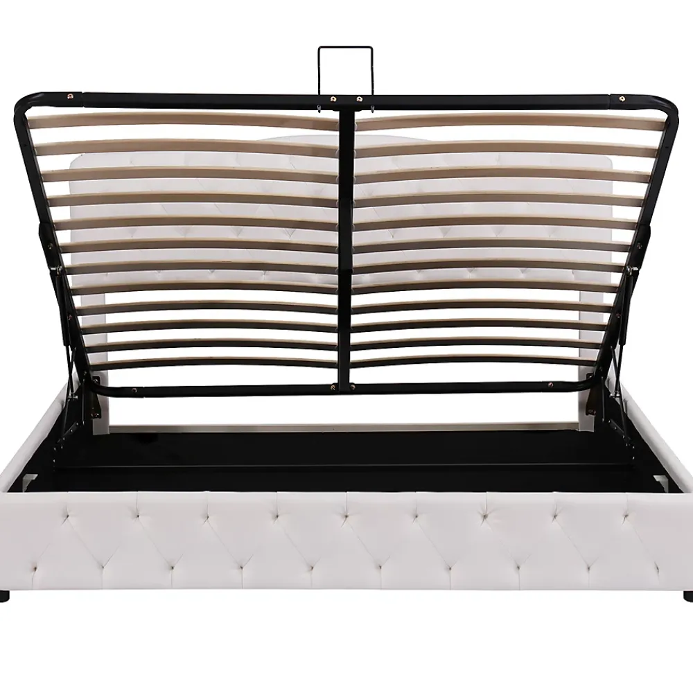 Gutent Lit adulte lit 180x200 cm lit rembourré hydraulique lit sommier à lattes lit de rangement lit double pu blanc* Lit Avec Rangement
