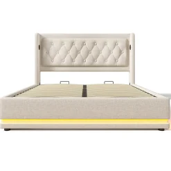 Lit adulte lit 160x200 cm lit rembourré hydraulique lit de rangement lit double coton beige>Gutent Outlet