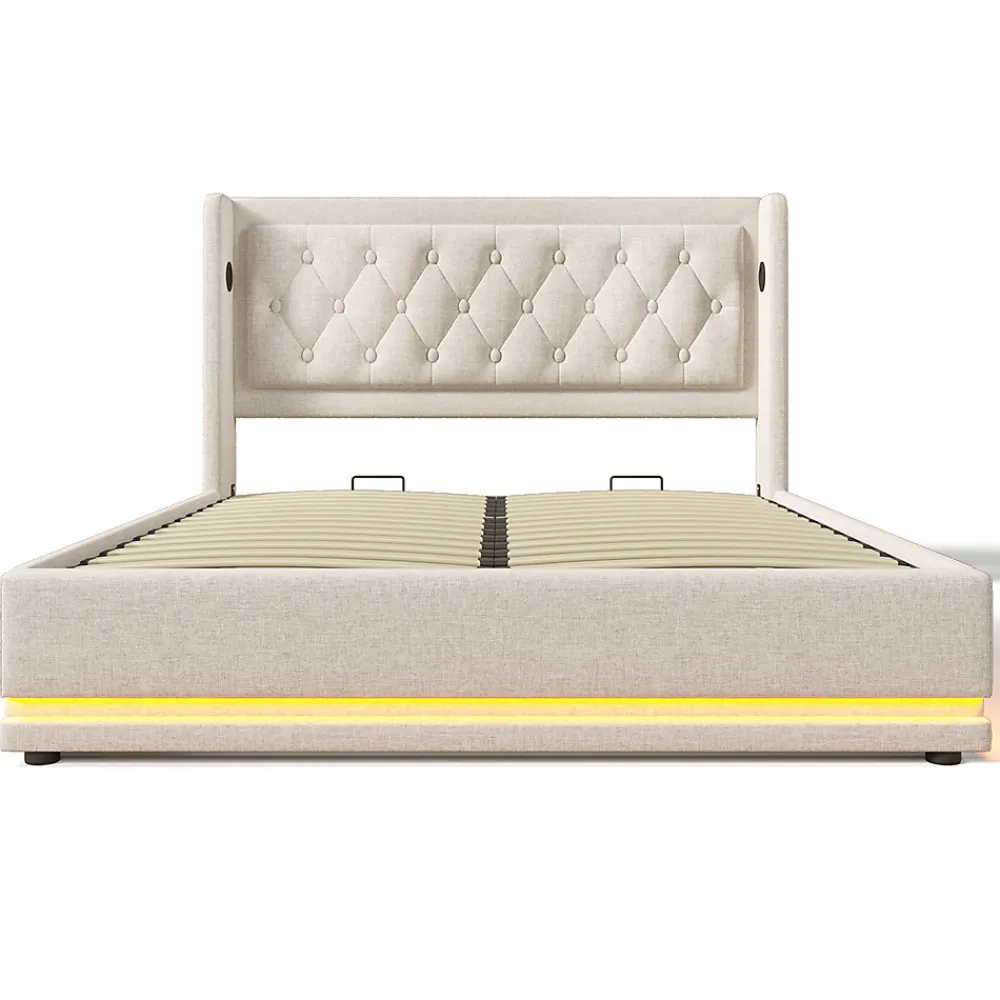 Lit adulte lit 160x200 cm lit rembourré hydraulique lit de rangement lit double coton beige>Gutent Outlet