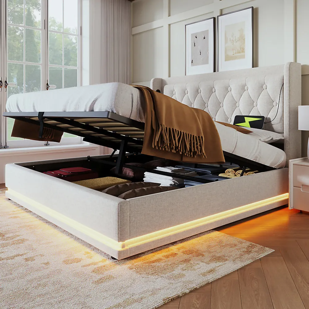 Lit adulte lit 160x200 cm lit rembourré hydraulique lit de rangement lit double coton beige>Gutent Outlet