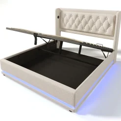 Lit adulte lit 160x200 cm lit rembourré hydraulique lit de rangement lit double coton beige><noscript><img width=