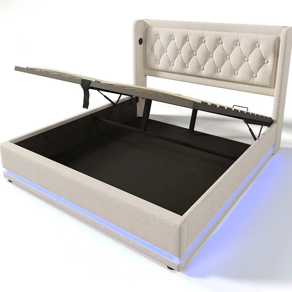 Lit adulte lit 160x200 cm lit rembourré hydraulique lit de rangement lit double coton beige>Gutent Outlet