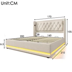 Lit adulte lit 160x200 cm lit rembourré hydraulique lit de rangement lit double coton beige><noscript><img width=
