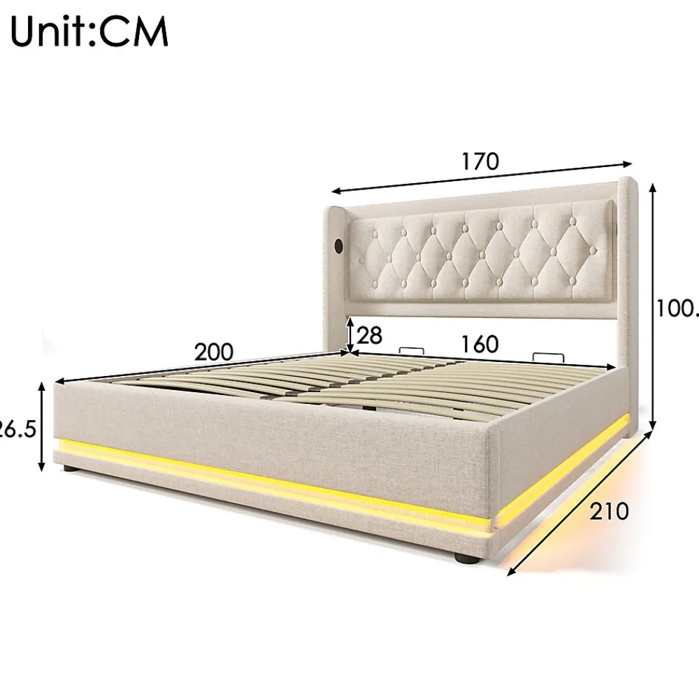 Lit adulte lit 160x200 cm lit rembourré hydraulique lit de rangement lit double coton beige>Gutent Outlet