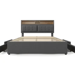 Gutent Lit adulte lit 140x200 cm lit rembourré avec quatre tiroirs avec sommier à lattes en bois lit double lin gris* Lit Avec Rangement