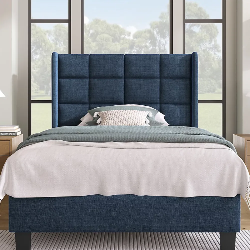 Gutent Lit adulte lit 90x200 cm lit rembourré lit sommier à lattes Single lin bleu* Lit Simple