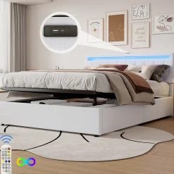 Gutent Lit adulte lit 160x200 cm lit rembourré lit de rangement avec lumière ambiante lit double lin blanc* Lit Avec Rangement