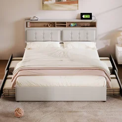 Lit adulte lit 160x200 cm lit rembourré avec quatre tiroirs avec sommier à lattes en bois lit double lin beige>Gutent Sale