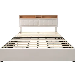 Lit adulte lit 160x200 cm lit rembourré avec quatre tiroirs avec sommier à lattes en bois lit double lin beige>Gutent Sale
