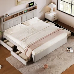 Lit adulte lit 160x200 cm lit rembourré avec quatre tiroirs avec sommier à lattes en bois lit double lin beige><noscript><img width=