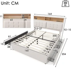 Lit adulte lit 160x200 cm lit rembourré avec quatre tiroirs avec sommier à lattes en bois lit double lin beige><noscript><img width=