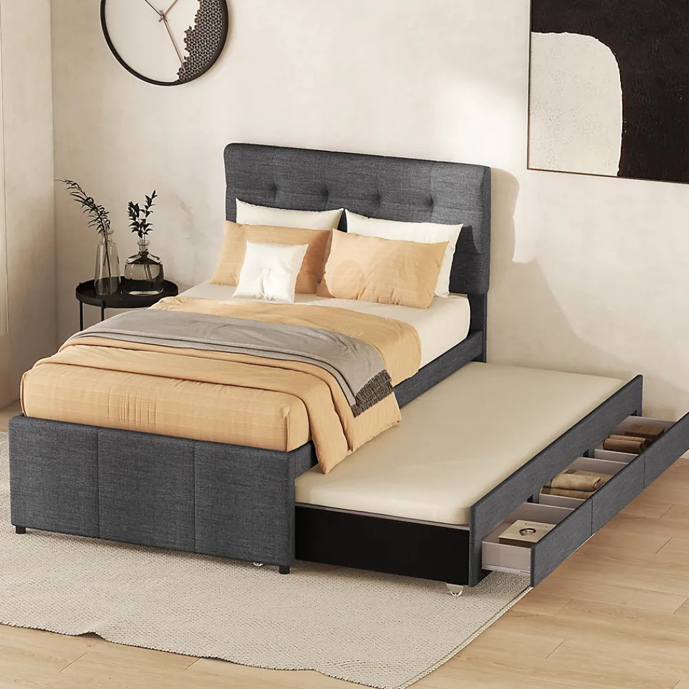 Lit adulte lit 90x200 cm lit rembourré avec trois tiroirs Single lin gris>Gutent New