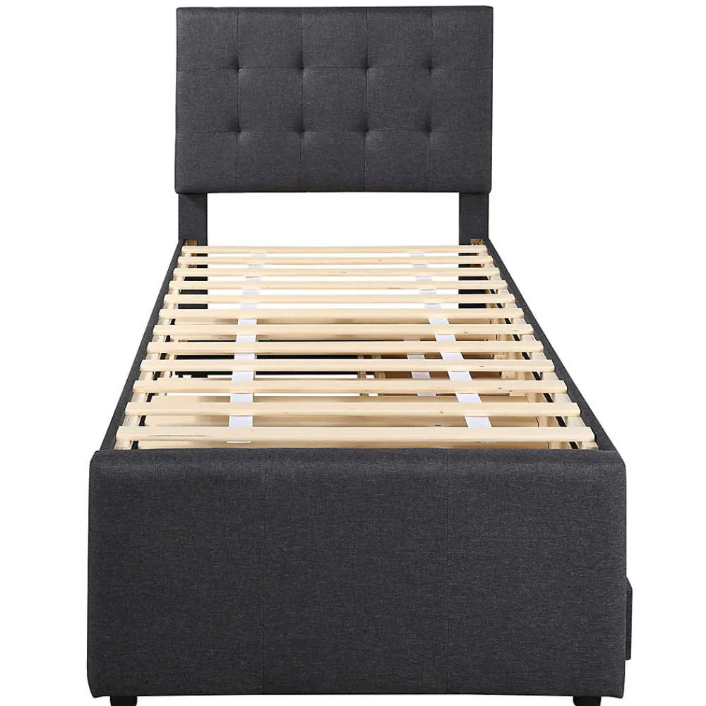 Lit adulte lit 90x200 cm lit rembourré avec trois tiroirs Single lin gris>Gutent New
