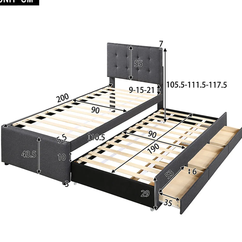 Lit adulte lit 90x200 cm lit rembourré avec trois tiroirs Single lin gris>Gutent New
