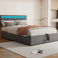 Lit adulte lit 140x200 cm lit rembourré lit de rangement avec lumière ambiante lit double lin gris>Gutent Hot