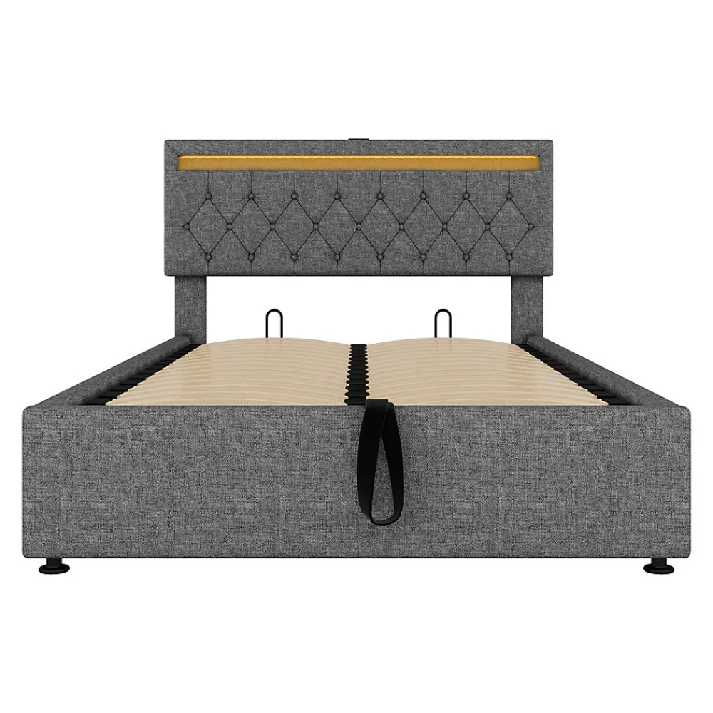 Lit adulte lit 140x200 cm lit rembourré lit de rangement avec lumière ambiante lit double lin gris>Gutent Hot