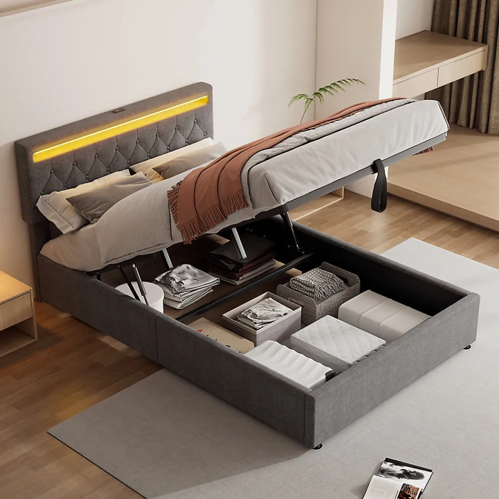 Lit adulte lit 140x200 cm lit rembourré lit de rangement avec lumière ambiante lit double lin gris>Gutent Hot